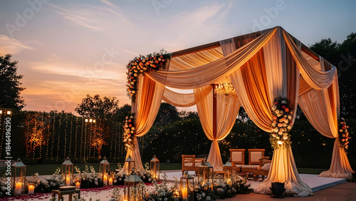 Elegant outdoor wedding canopy at sunset with warm lighting and decorations