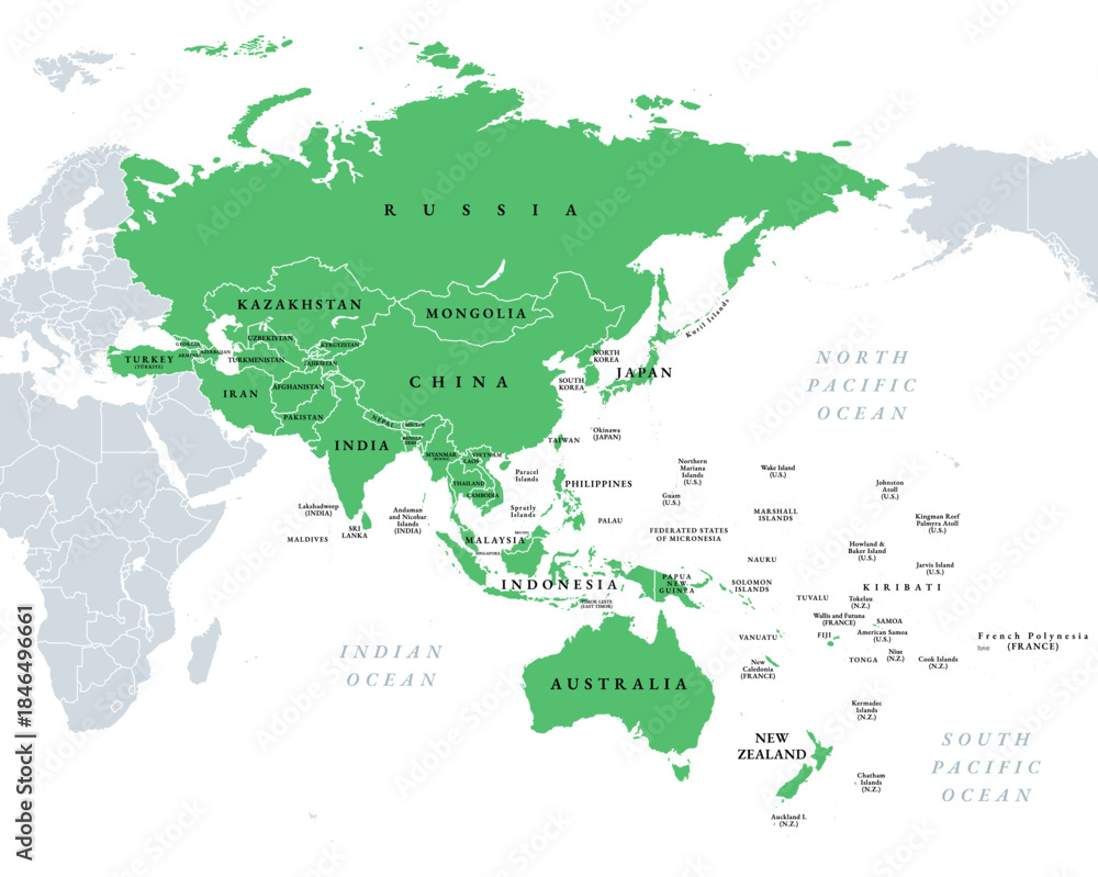 Fototapeta premium Asia-Pacific, or the Indo-Pacific, political map. Countries and territories of a major geopolitical and economic region of the world, adjoining the western Pacific Ocean, highlighted in green. Vector
