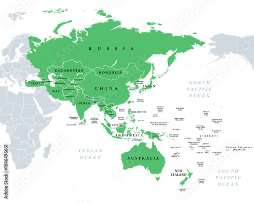 Asia-Pacific, or the Indo-Pacific, political map. Countries and territories of a major geopolitical and economic region of the world, adjoining the western Pacific Ocean, highlighted in green. Vector