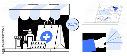 E-commerce, healthcare services, financial transactions, online shopping, business analytics, medication delivery. Pharmacy storefront with medical products, analytics dashboard, and digital payment
