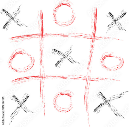 Hand drawn tic tac toe game board with messy x and o marks sketched on white background