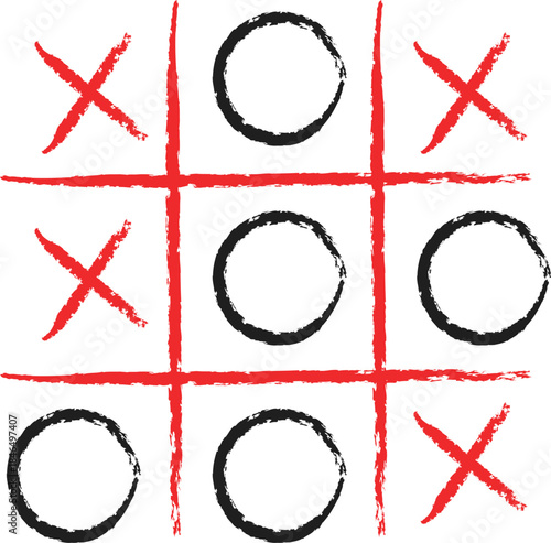 Hand drawn tic tac toe game board with x and o marks showing a close match result