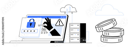 Online security, data protection, digital economy, hacking prevention, cryptocurrency, secure storage. A laptop with a lock, keys alert sign server and coins. Online security and data protection