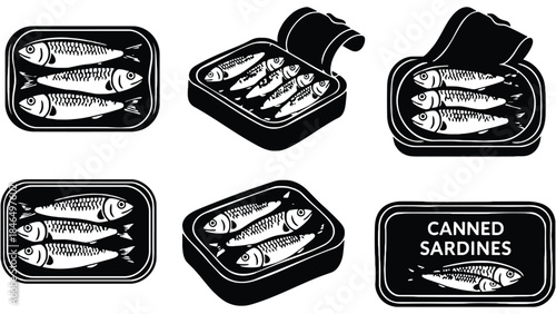 Black and white sardine cans with fish illustrations