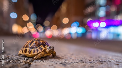 Fototapeta Naklejka Na Ścianę i Meble -  Turtle walks on urban street at night with city lights blurred in background