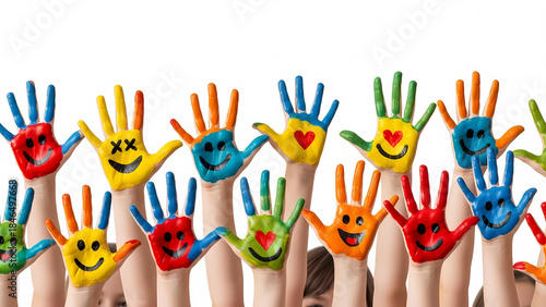 Colorful Handprints with Smiling Faces and Hearts Unity and Diversity Celebration