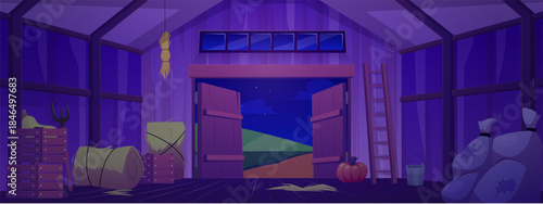 The interior of an old wooden barn at night, with hay, ladder, bucket, boxes, and vegetables.