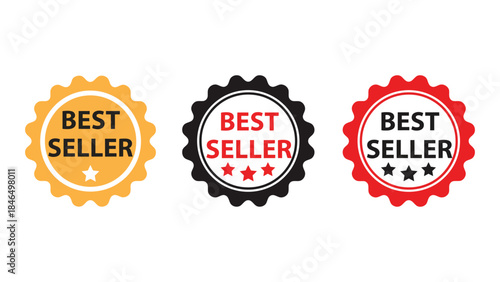 Best seller labels in yellow, black, and red