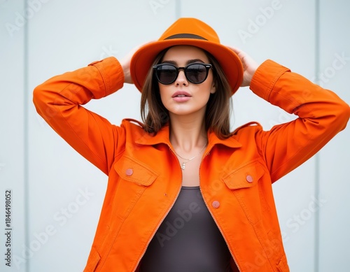 A young woman in dark glasses, hat and a orange jacket poses with her hands behind her head against a light background.