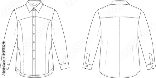 Men long sleeve shirt technical flat, front and back view, apparel cad drawing flat vector illustration for fashion design