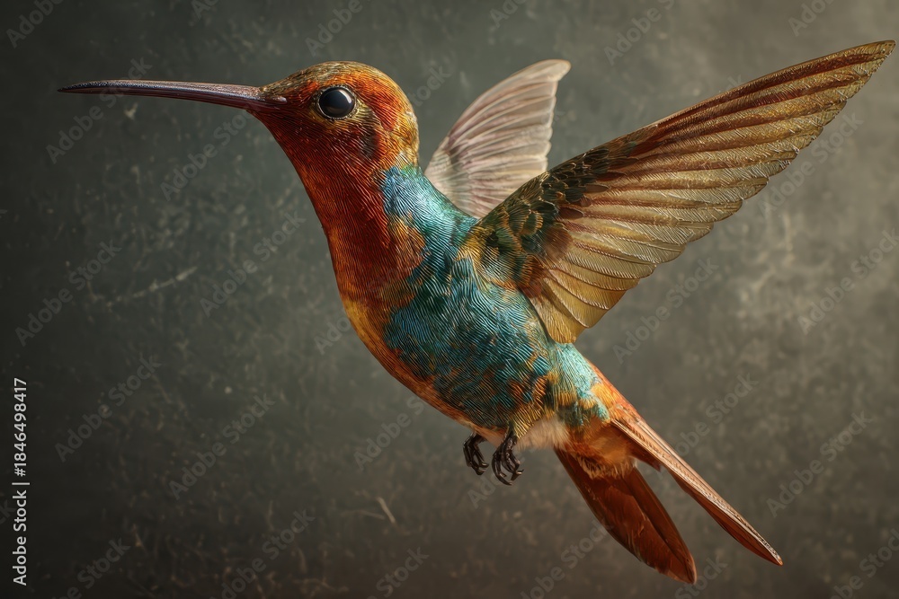 Naklejka premium Realistic depiction of a hummingbird in mid-flight showcasing vibrant feathers against a soft background