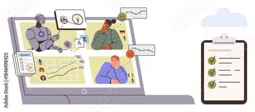 AI robot teaching students via video conference on a laptop, showcasing charts, data, and evaluations. Ideal for education, technology, online learning, AI, data analysis teamwork innovation