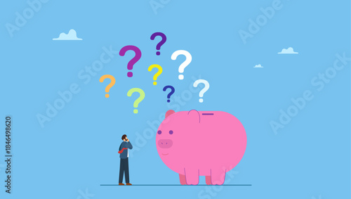 Confused businessman with piggybank and question marks. Finance question or saving problem, doubt or confusion, banking or economic uncertainty, contemplation or money solution, wealth.