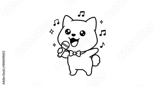 Cute cartoon dog enthusiastically singing into microphone