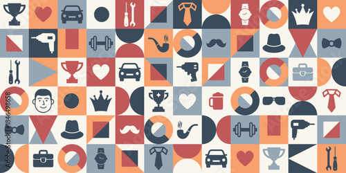 Fathers Day background with modern geometric icons. Greeting card, geometric pattern