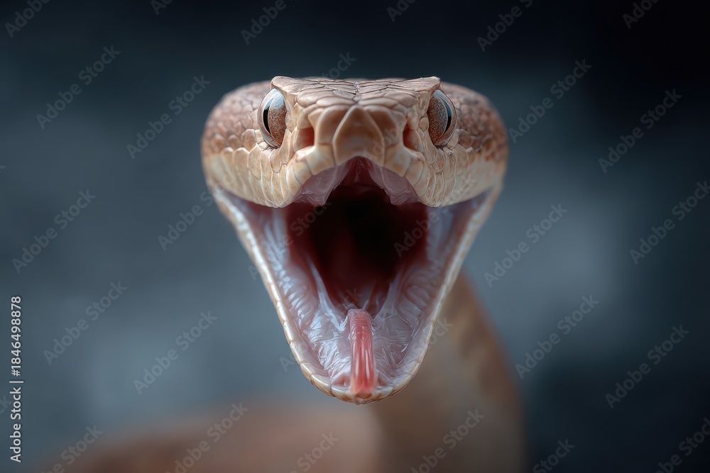 Fototapeta premium Large snake opens mouth widely, displaying its tongue in an intense posture against a blurred background