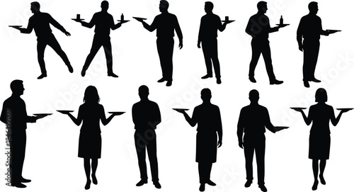 Waiter silhouettes vector, restaurant staff poses, serving tray illustration, hospitality workers clipart, black figures isolated, catering service concept design