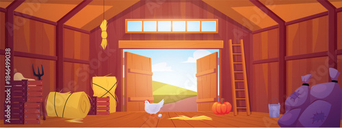 Wooden barn interior, vector cartoon haystack, chicken coop, crop bags, garden tools, farming building, hen with egg