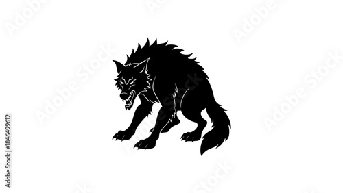 Fierce wolf with sharp teeth and claws on white background