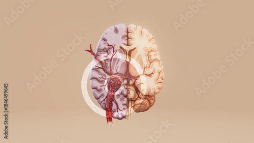Conceptual 3D illustration of a brain with a blood clot causing a stroke