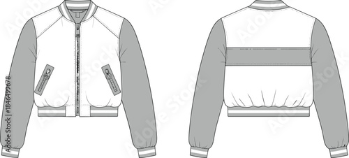 Cropped bomber jacket with contrast sleeves zip pockets ribbed hem fashion flat technical illustration garment sketch outerwear template detailed vector