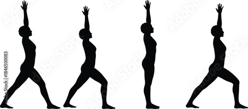 Warrior I yoga sequence silhouettes showing four stages of alignment and transition, standing lunge with raised arms, balance, strength, mindful practice