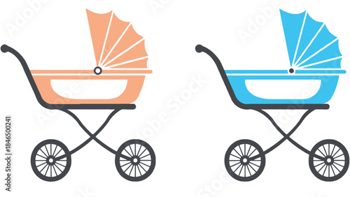 Vibrant baby strollers in peach and blue colors