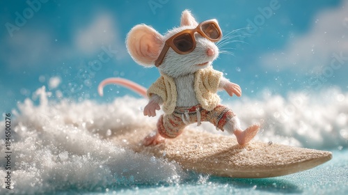 Wallpaper Mural A tiny mouse, wearing sunglasses and beach attire, surfs a wave. It is a whimsical, miniature scene against a blue sky Torontodigital.ca