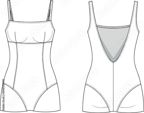 Bodysuit fashion template featuring bust seams, curved panel lines, scoop back detail, clean technical stitching for apparel design cad drawing flat vector illustration
