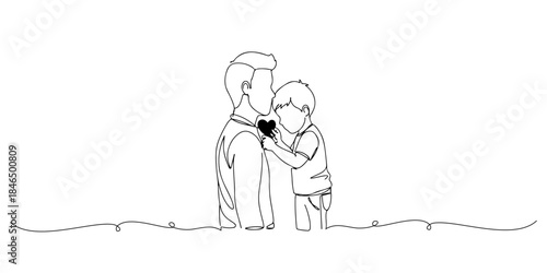 Continuous one line drawing of a child sticking a heart, representing innocent and cute love on Father's Day, father's day celebration, line art style vector illustration.