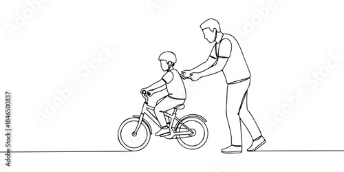 Continuous one line drawing of father teaching son to ride a bicycle, representing support and guidance, father's day celebration, line art style vector illustration.