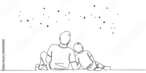 Continuous one line drawing of a father and son lying together looking at the stars, representing a reflective moment and emotional bond, father's day celebration, line art style vector illustration.