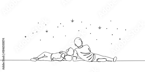 Continuous one line drawing of a father and son lying together looking at the stars, representing a reflective moment and emotional bond, father's day celebration, line art style vector illustration.