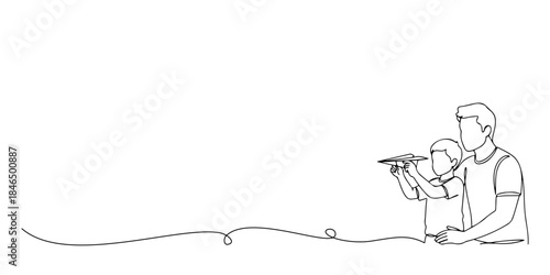 Continuous one line drawing of a father and son making paper airplane together, representing father-son creativity and love, Father's Day celebration line art style vector illustration.