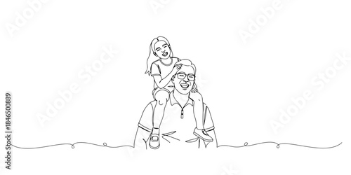 Continuous one line drawing of a father carrying a small child on his shoulders, representing the happiness and closeness of Father's Day, line art style vector illustration.