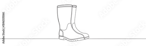 Continuous one line drawing of rubber boots. Vector illustration of rain wellies or gardening footwear isolated on white background. Minimalist autumn concept