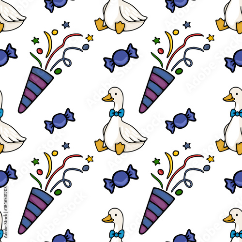 Festive seamless vector pattern featuring cute geese in bowties, party poppers, and candies.