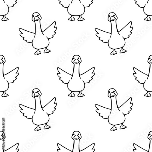 Seamless vector pattern of charming, hand-drawn geese with outstretched wings, rendered in a simple black and white line art style, evoking a playful and whimsical mood.