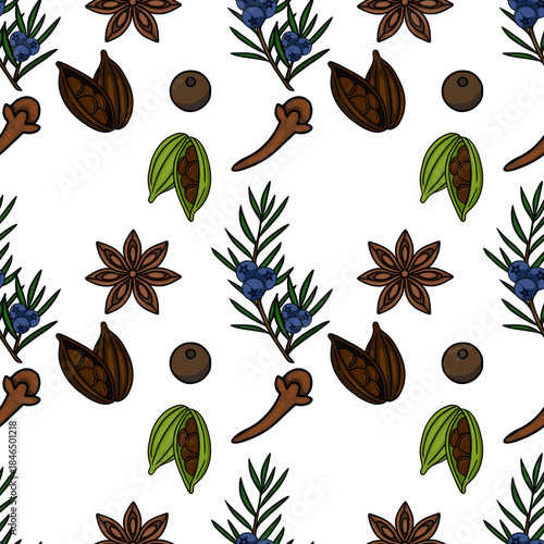 Seamless vector pattern featuring a variety of aromatic spices including star anise, cardamom pods, cloves, juniper berries, and peppercorns, rendered in a charming, illustrative style.