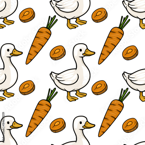 Seamless vector pattern featuring cute white geese and orange carrots with green tops, set against a clean white background, ideal for playful designs.