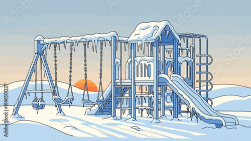 Frozen playground with icicles and snow winter season concept outdoor recreation in cold weather