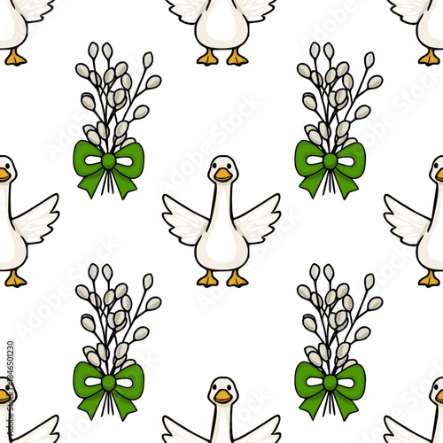 Seamless vector pattern featuring charming cartoon geese holding pussy willow branches adorned with green bows, perfect for spring and Easter themes.
