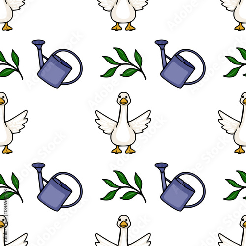 Charming seamless vector pattern featuring playful white geese and purple watering cans amidst green foliage.