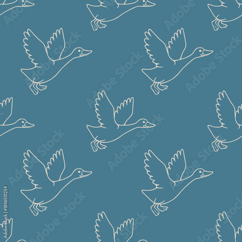 Seamless vector pattern of stylized flying geese with cream outlines on a muted teal background, evoking a sense of calm migration.