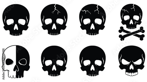 Collection of black skulls with various designs and expressions