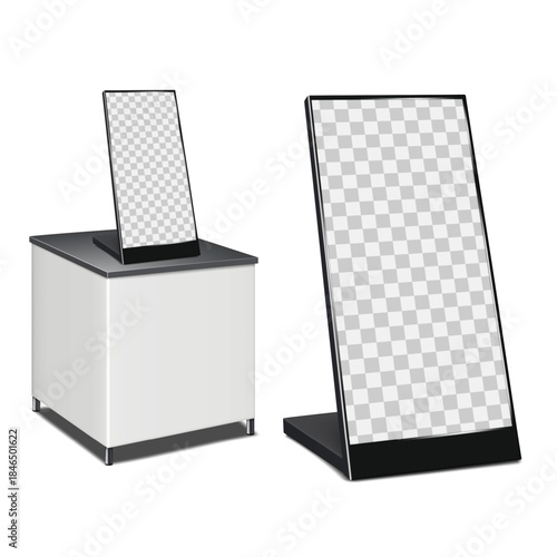 Digital display set. Realistic 3d vector mockup. Touch screen self-service digital kiosks. Mock-up. Floor and tabletop slanted LED LCD flat panel monitor stands. Template for design