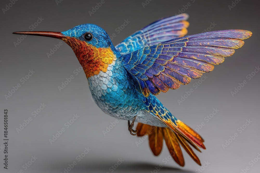 Naklejka premium Realistic model hummingbird captures stunning colors and intricate details while in a hovering position, showcasing its vibrant feathers against a neutral background