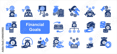 Financial goals icon set with Goals, Planning, Income, Savings, Assets, Wealth, Financial freedom simple flat vector.