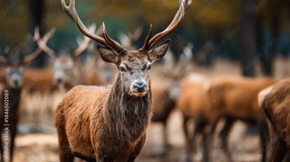 Fototapeta premium Majestic stag portrait amidst a fall woodland setting with his herd