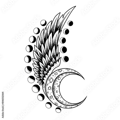 Artistic Crescent Moon Tattoo Design with Wing and Celestial Phases